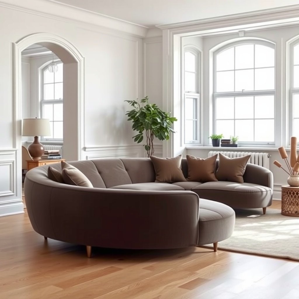 A cozy living room featuring a curvy sofa, adding a soft touch to the decor.