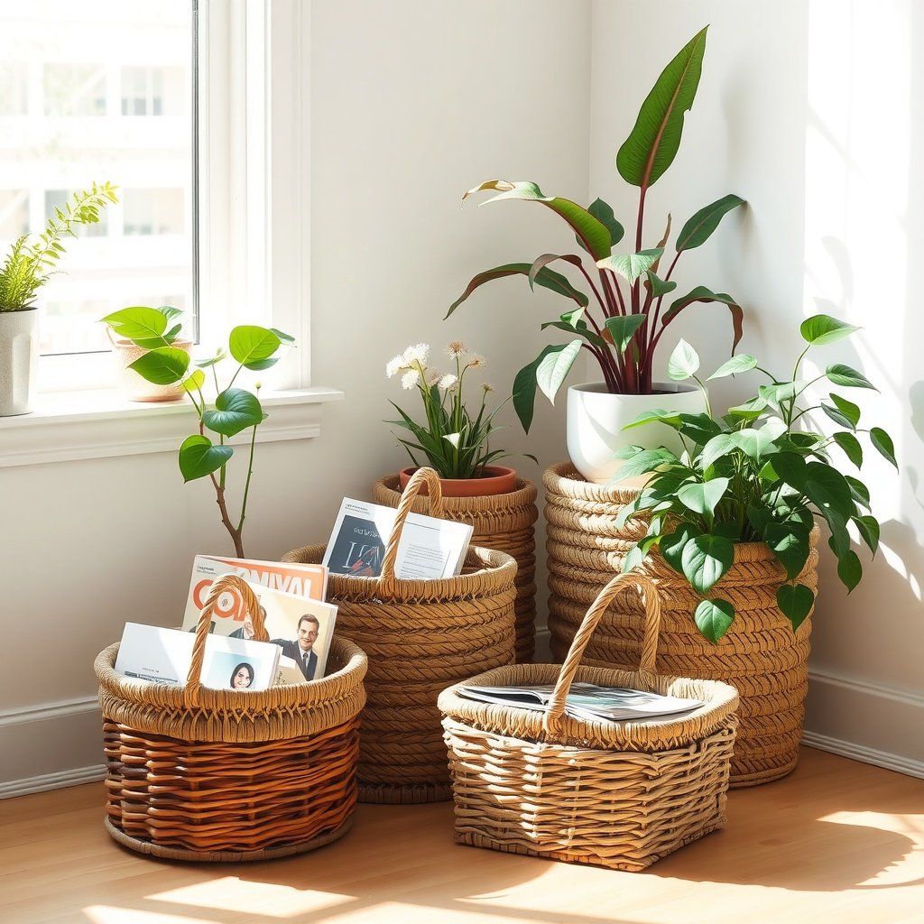 A cozy living room corner with woven baskets and potted plants, showcasing natural textures.