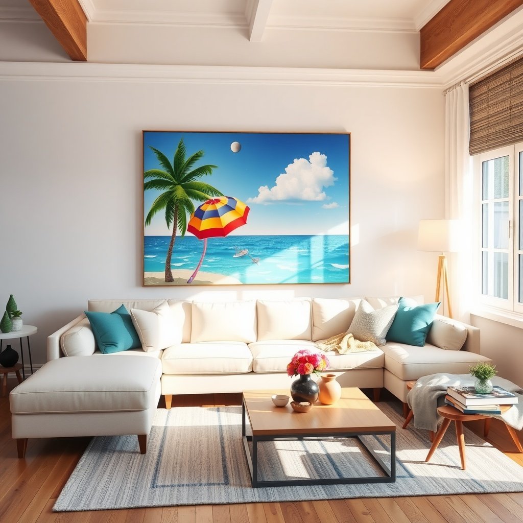 A bright living room with summer-themed artwork featuring a beach scene, a large white sofa, and colorful cushions.