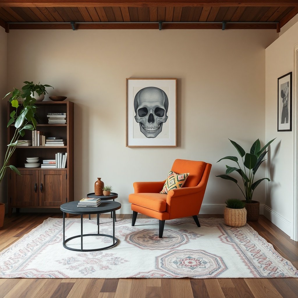 A cozy small living room featuring a bold orange chair, a skull artwork, and greenery.