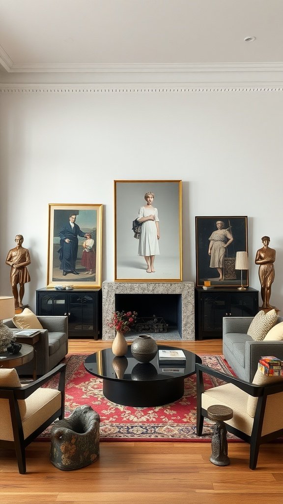 A stylish living room featuring various pieces of artwork and sculptures, showcasing a blend of classic and modern aesthetics.