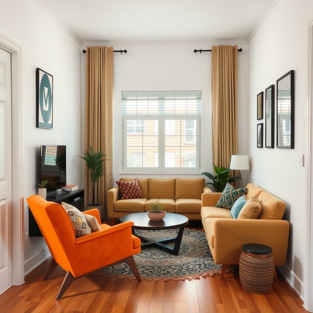 A small living room featuring two sofas, an orange accent chair, and a coffee table, complemented by curtains and wall decor.