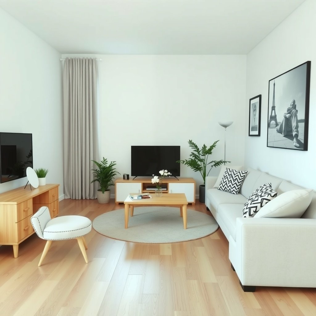 A small, functional living room featuring modular furniture, plants, and a light color palette.