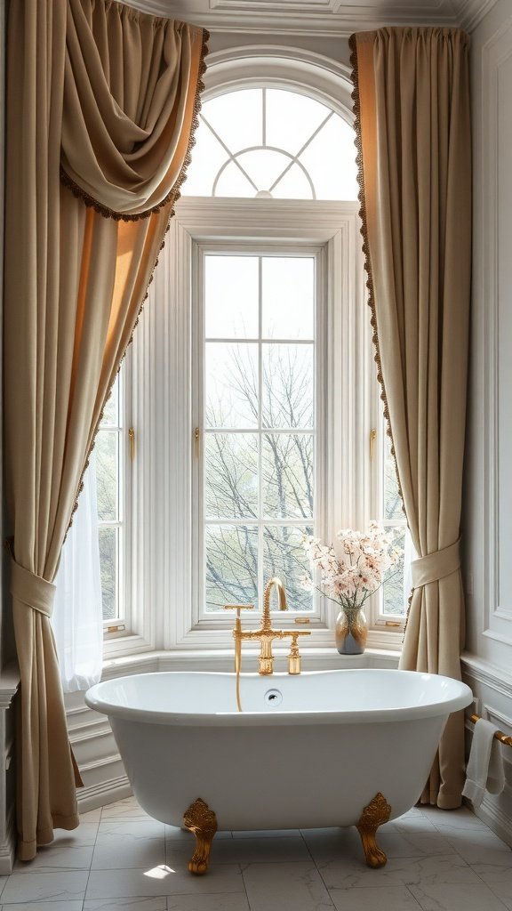 Elegant bathroom window with gold fixtures and soft drapes