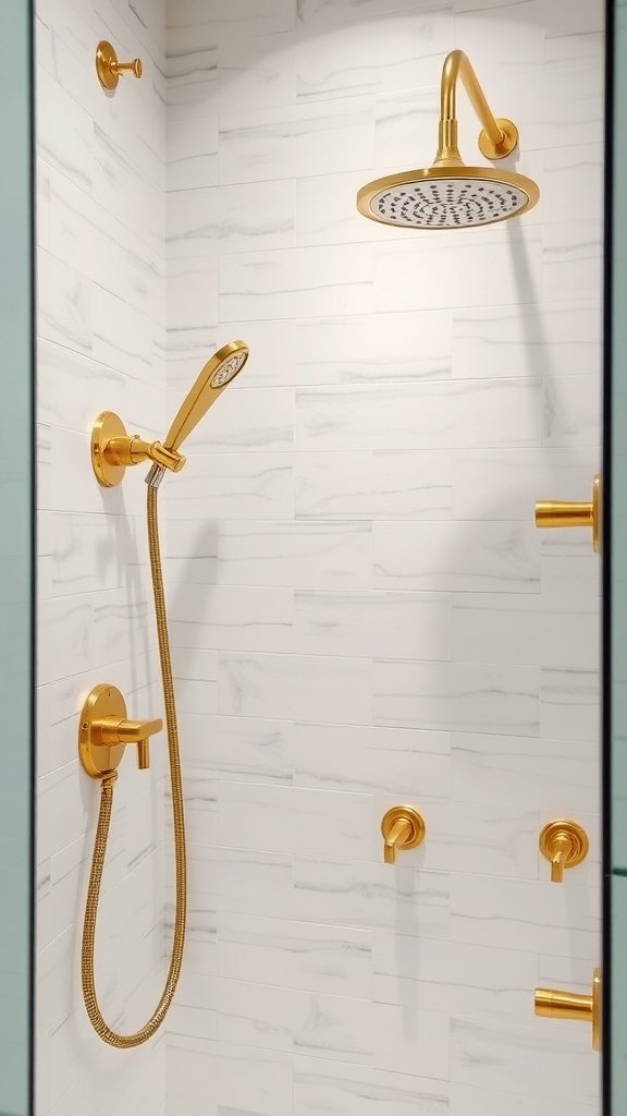 Elegant gold shower fixtures in a modern bathroom.