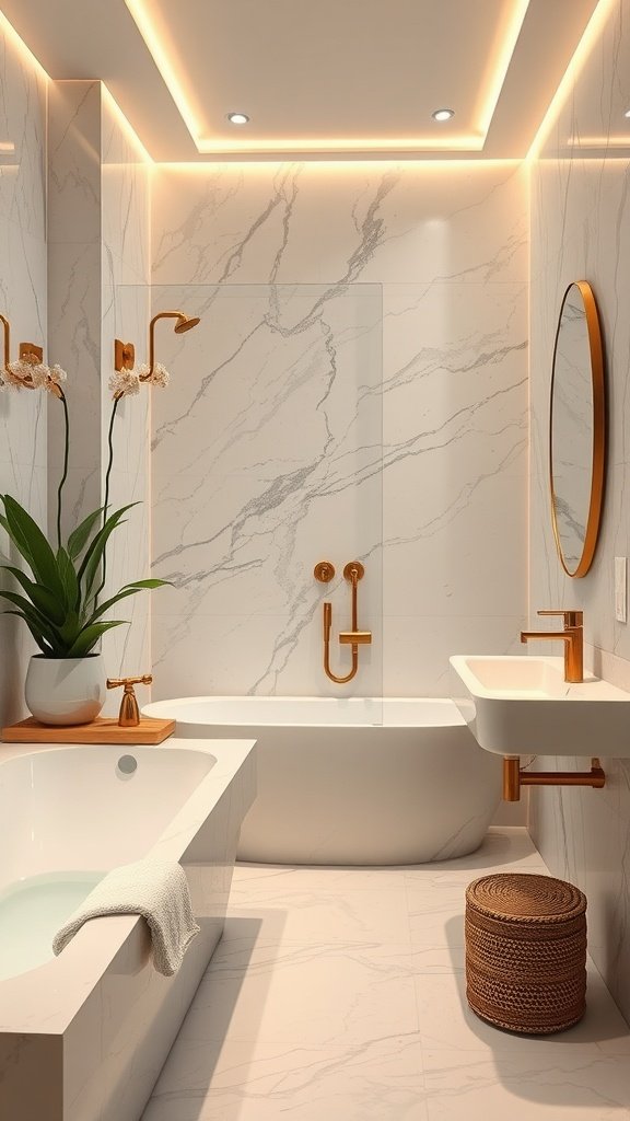 A spa-like bathroom featuring gold fixtures, a modern bathtub, and elegant decor.