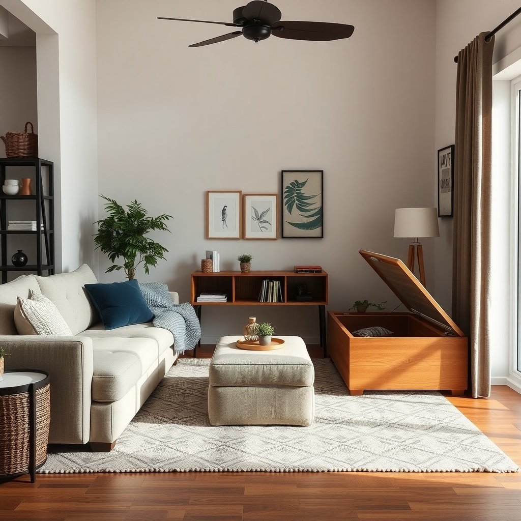 A small living room featuring a sofa, storage ottoman, and shelving that showcases a tidy and organized space.