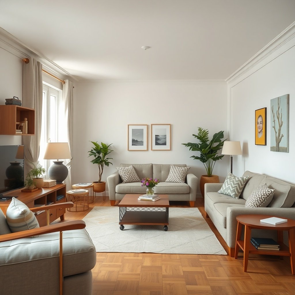 A cozy small living room featuring light-weight furniture, plants, and warm decor.