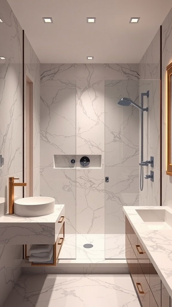 A luxurious bathroom featuring marble countertops and walls, with a spacious shower area.