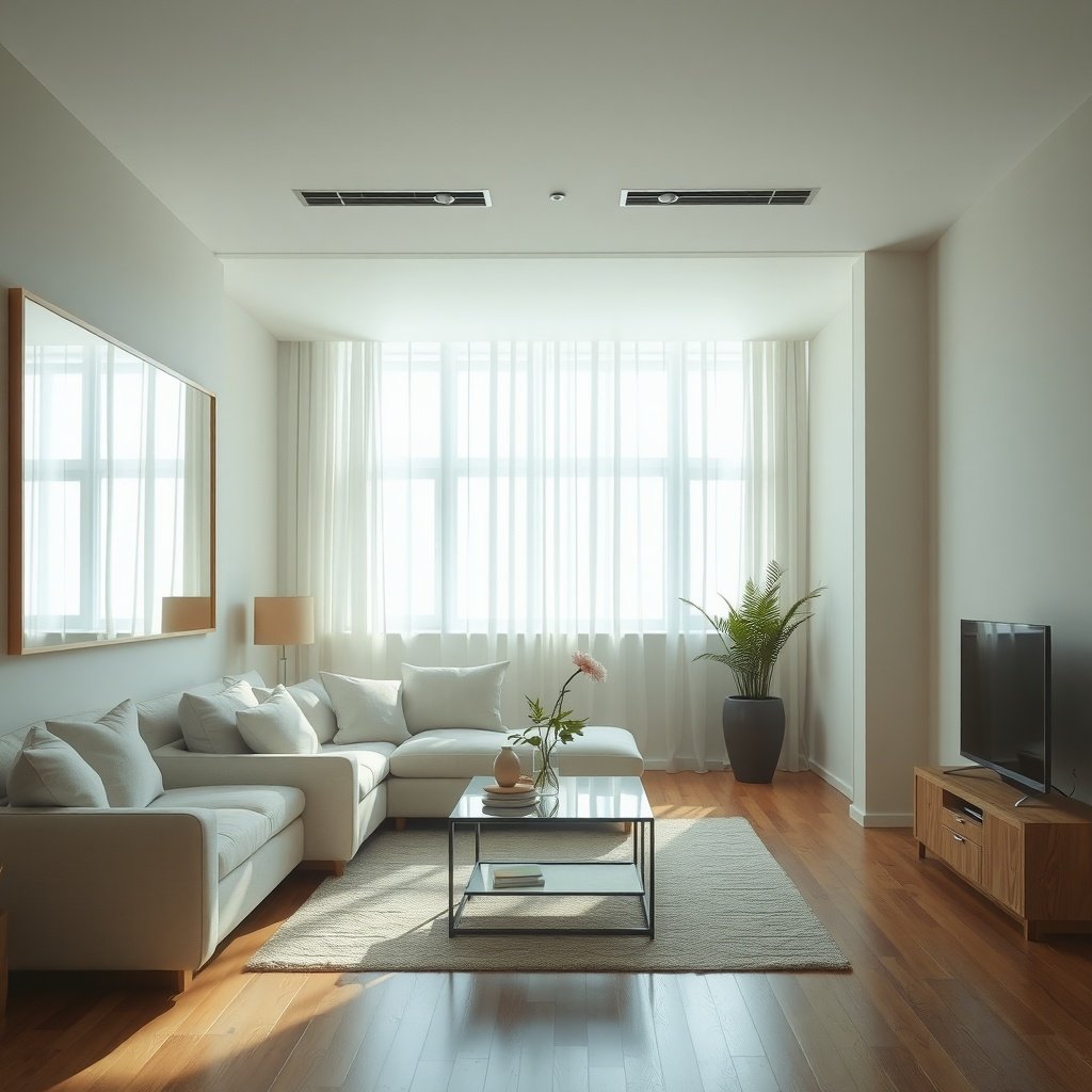 A bright and airy small living room with a large mirror, natural light from windows, and a cozy seating arrangement.