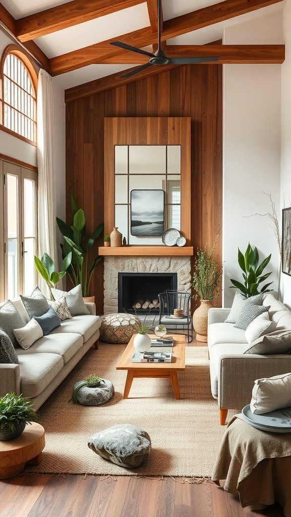 A cozy living room featuring natural wood beams, plants, and neutral furniture.