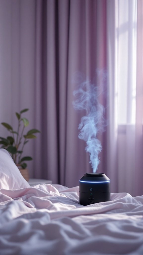 A diffuser emitting steam on a bed with soft pink bedding and a plant nearby.