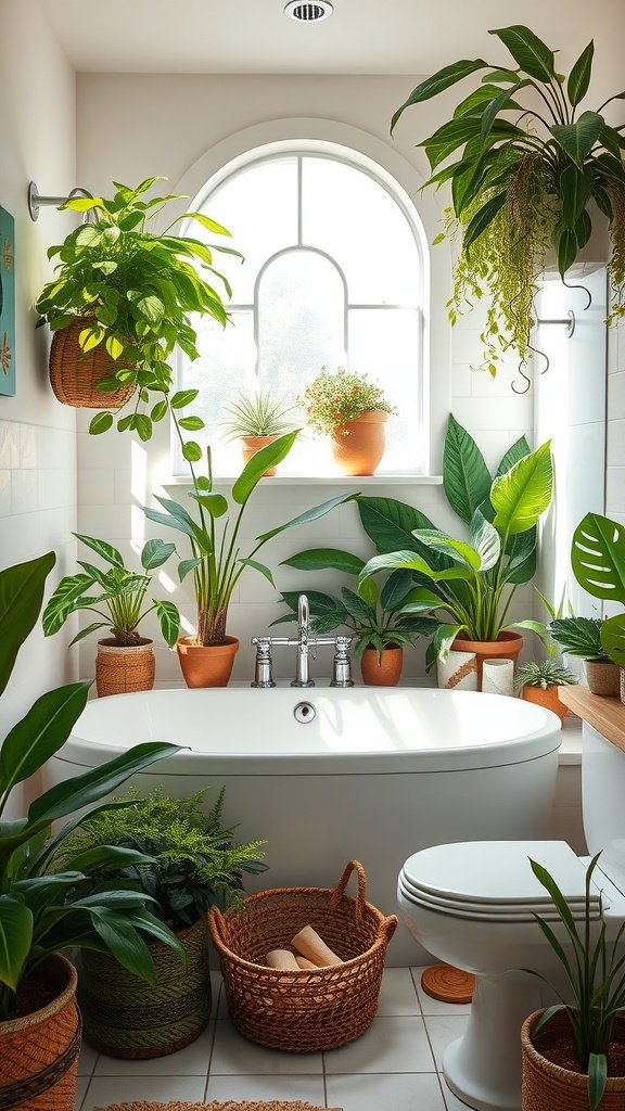 A bathroom filled with various plants in pots and hanging baskets, creating a natural and serene environment.