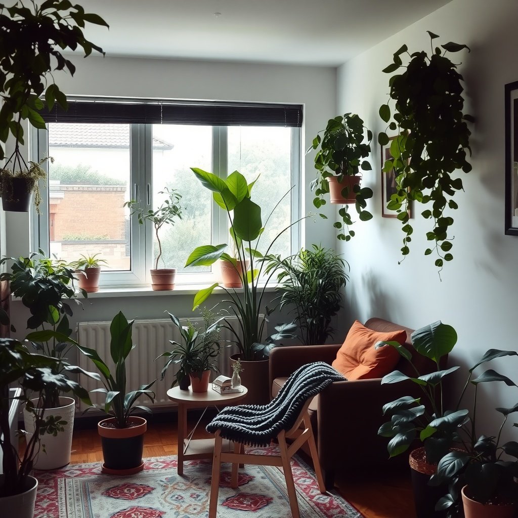 A cozy living room filled with various plants, featuring a comfortable chair and decorative elements.