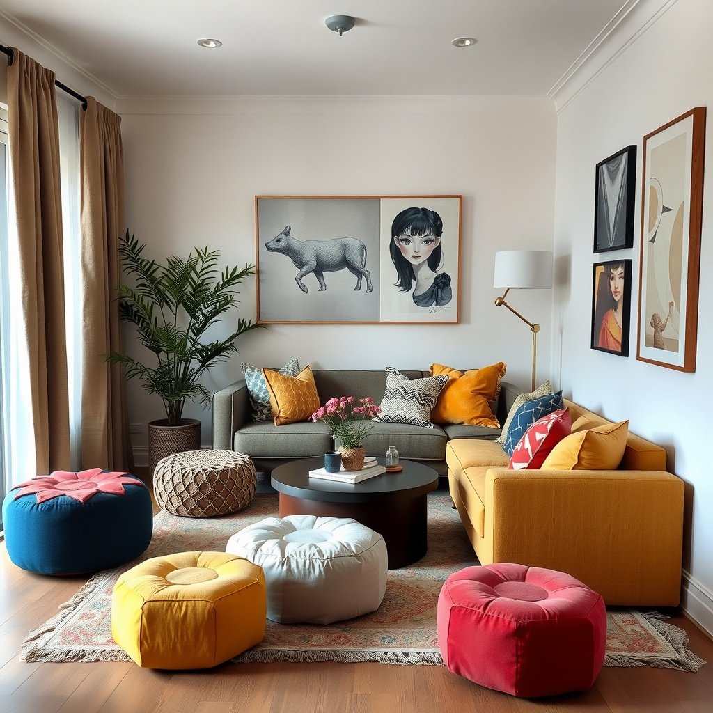 A small, stylish living room featuring a variety of colorful poufs and ottomans.