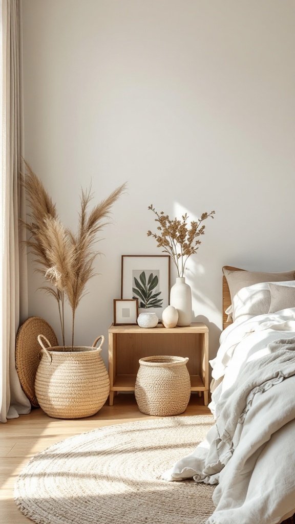 A cozy bedroom featuring sea grass baskets and botanical decor.