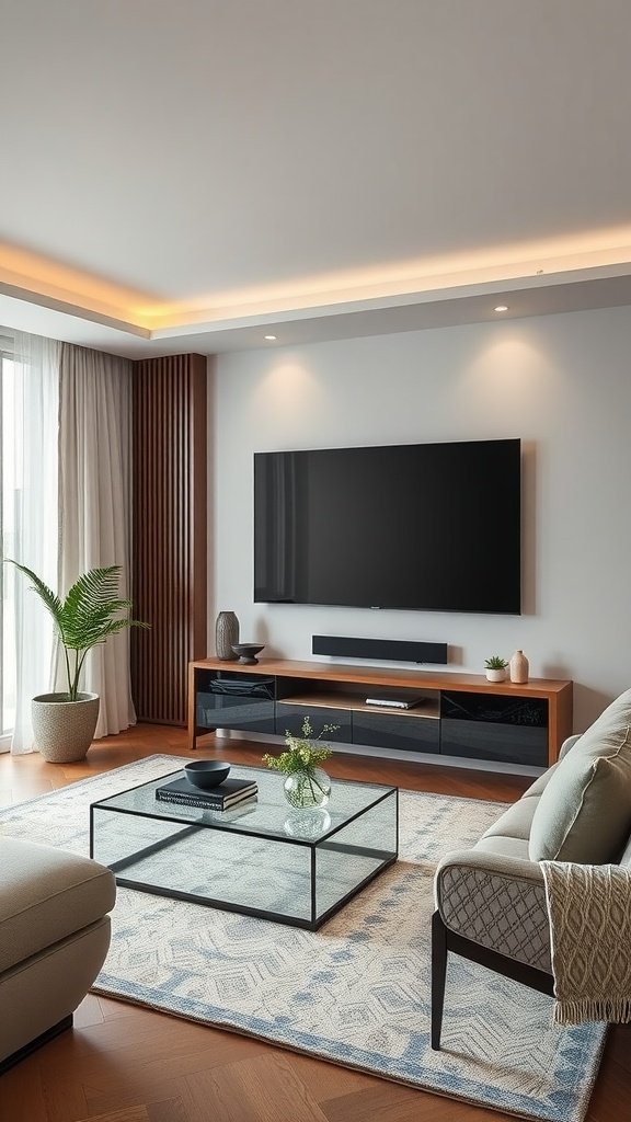 A modern living room featuring a wall-mounted television, stylish furniture, and smart lighting.