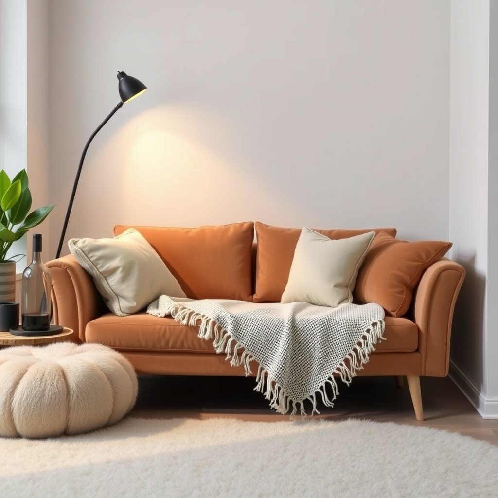 A small living room with a cozy orange sofa and soft textiles creating a warm atmosphere.