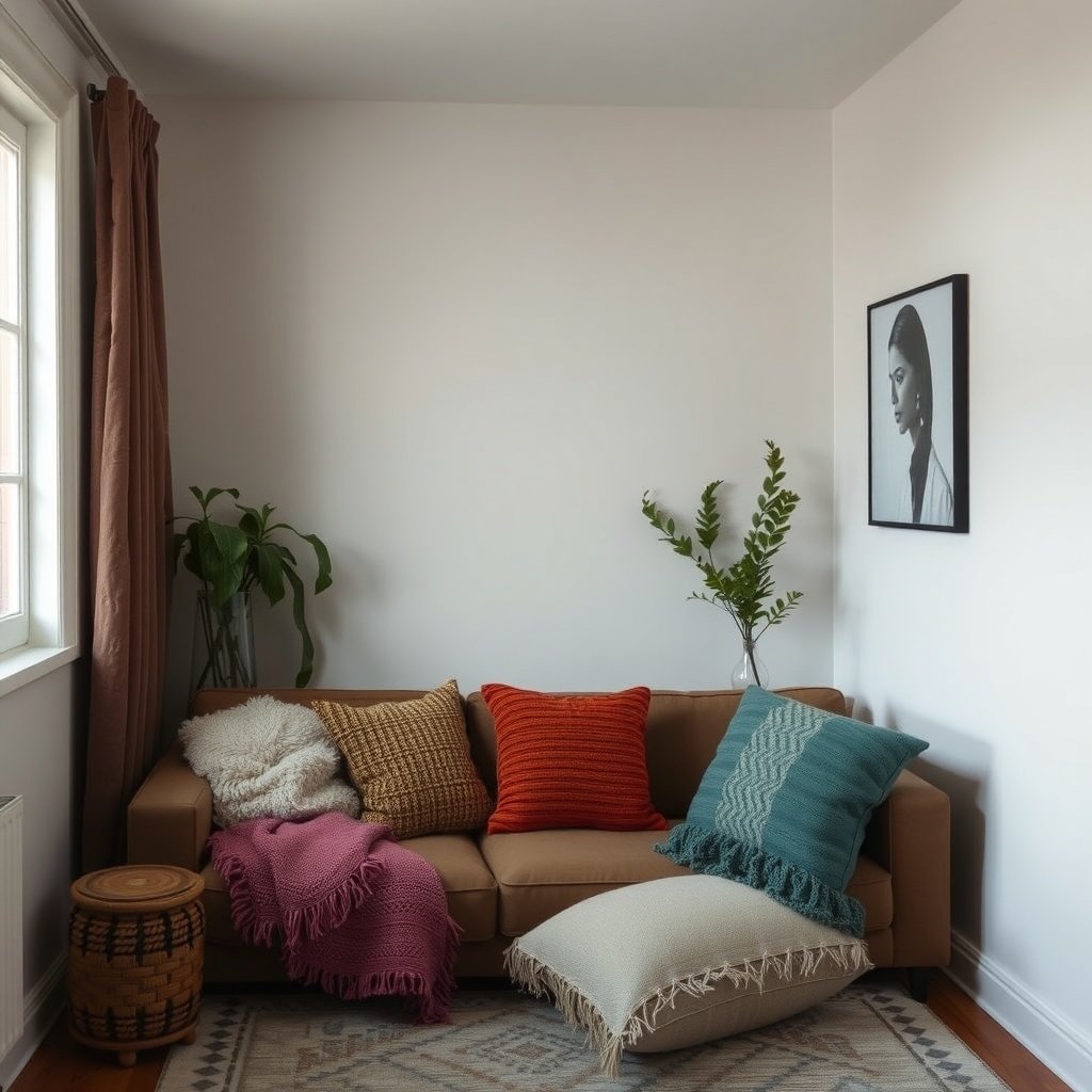 Cozy small living room with textured fabrics on a sofa, including colorful cushions and throws.