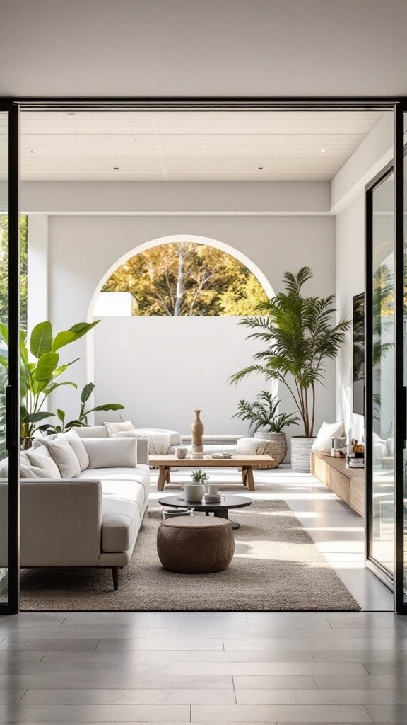 A bright living room with an open design that connects to an outdoor space, featuring plants and a cozy couch.