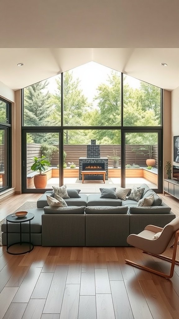 A modern living room with large windows looking out to a beautifully landscaped outdoor area.