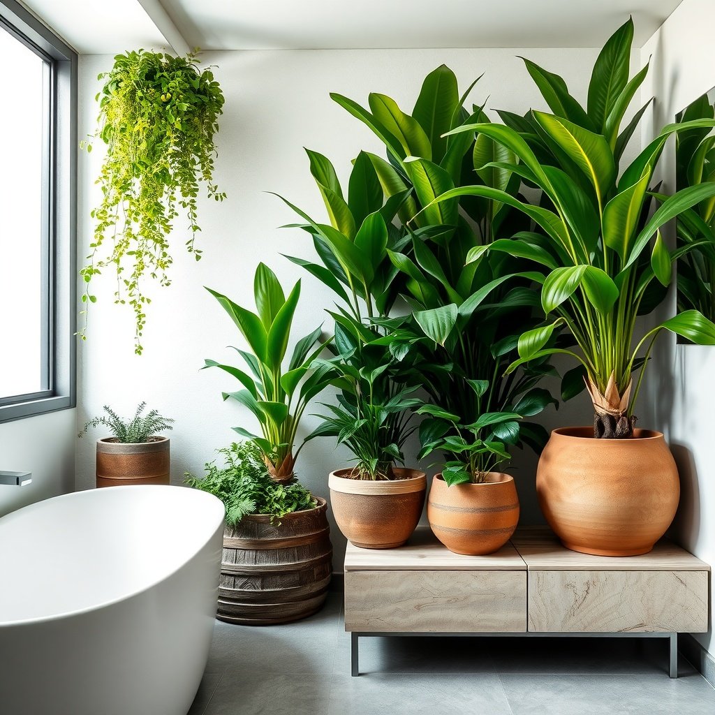 Indoor planters with greenery in a modern bathroom