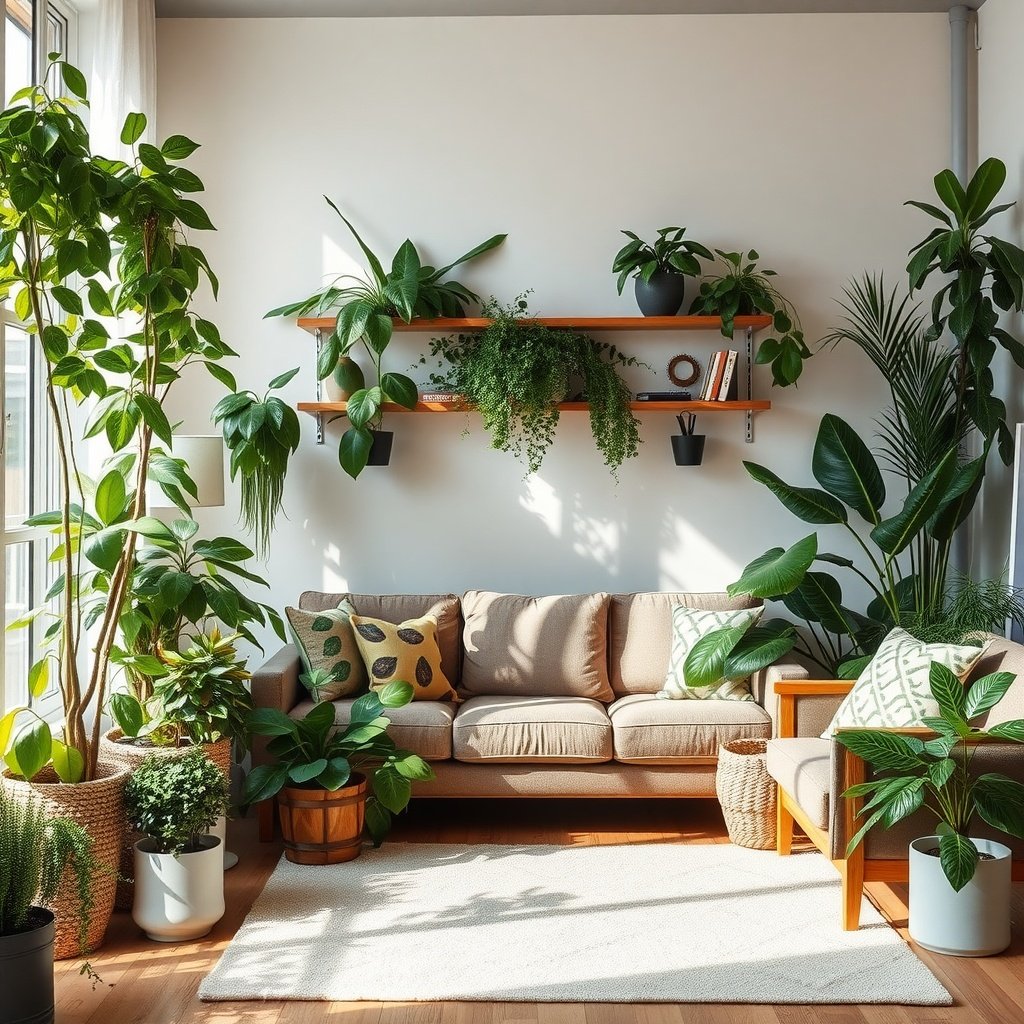 Living room decorated with various indoor plants and cozy furniture.