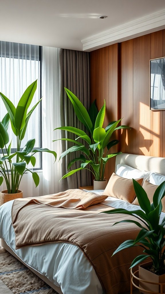A luxurious bedroom featuring large indoor plants by the bed, creating a fresh and vibrant atmosphere.