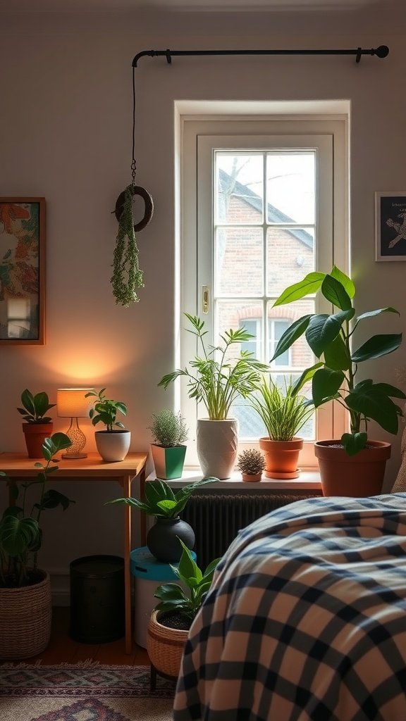 A cozy boho bedroom featuring various indoor plants by the window and a bedside table with a lamp.