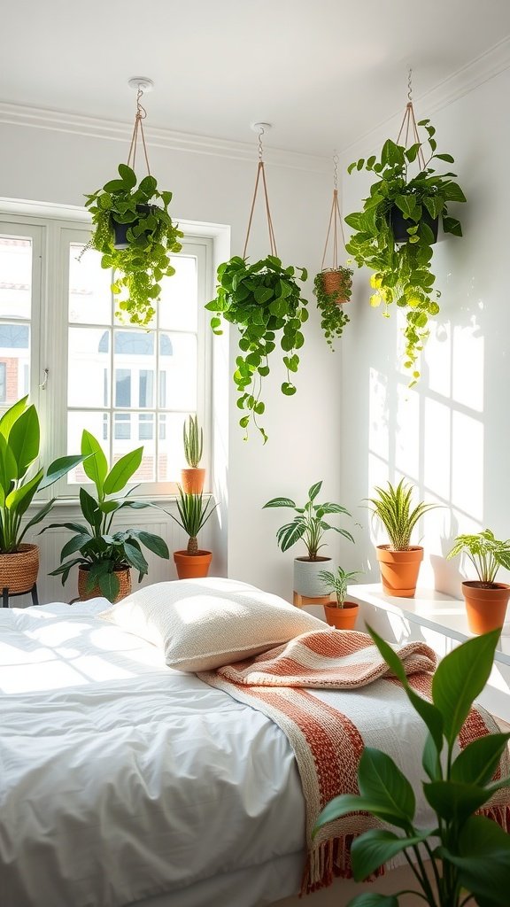 Cozy bedroom with various indoor plants arranged beside the bed and near the window.