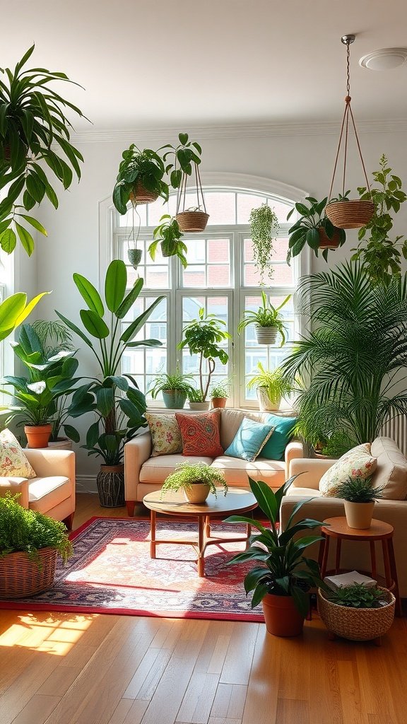 A bright and inviting contemporary living room filled with various indoor plants, showcasing a cozy seating area.