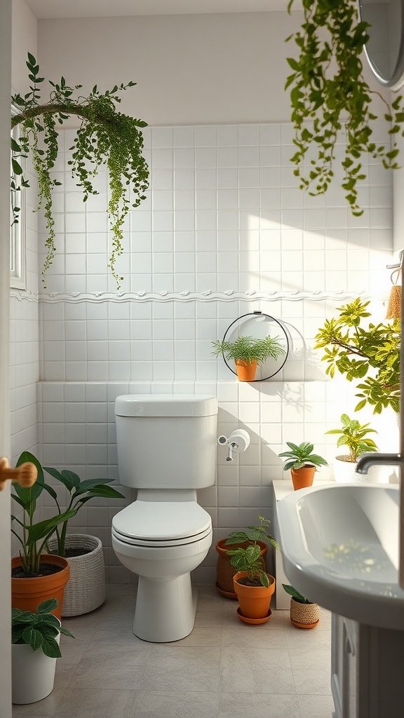 A bright bathroom with various indoor plants around the toilet and sink area.