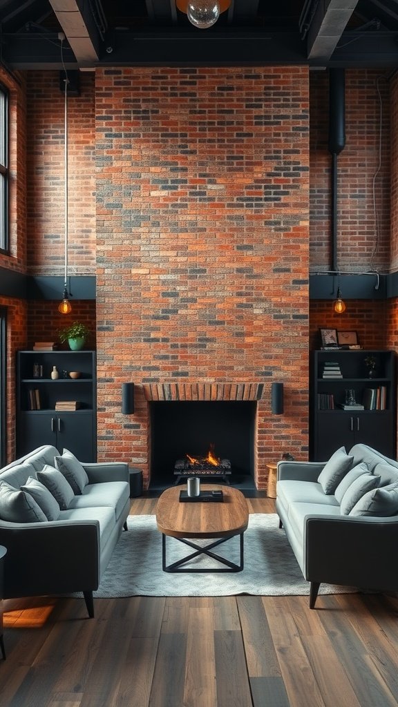 Cozy industrial-style living room with exposed brick wall and plush seating around a fireplace.