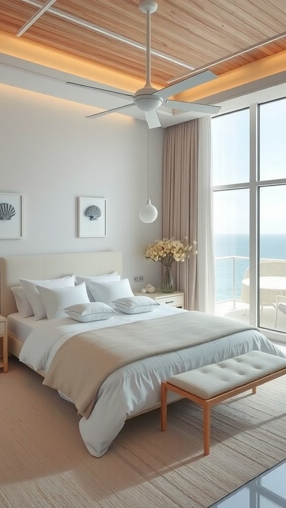 A stylish industrial chic bedroom with metal accents and neutral decor.