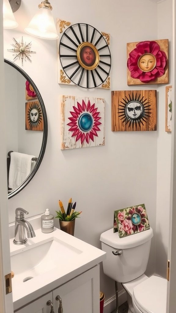 A bright and colorful DIY wall art piece displayed in a bathroom.