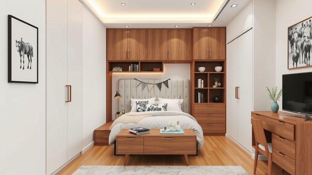 Modern bedroom with clever storage solutions featuring a bed with drawers and a stylish desk.