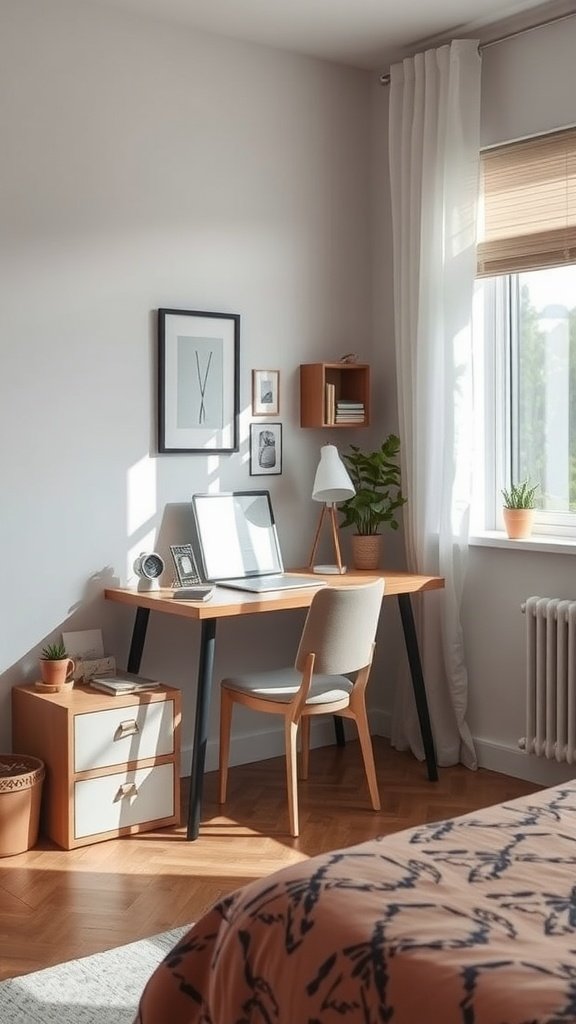 A cozy workspace corner with a wooden desk, chair, and decorative elements.