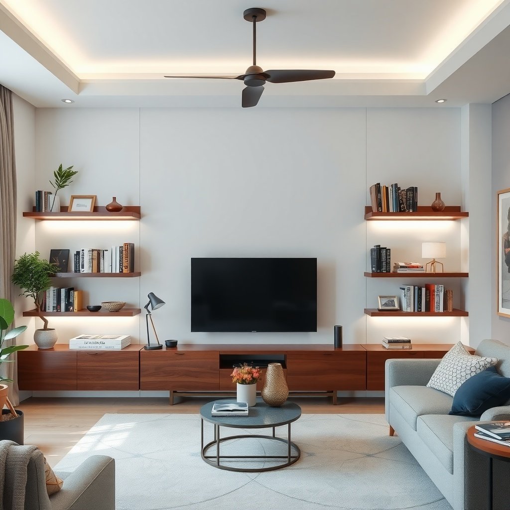 A cozy living room featuring integrated lighting on shelves with decorative items and a TV.