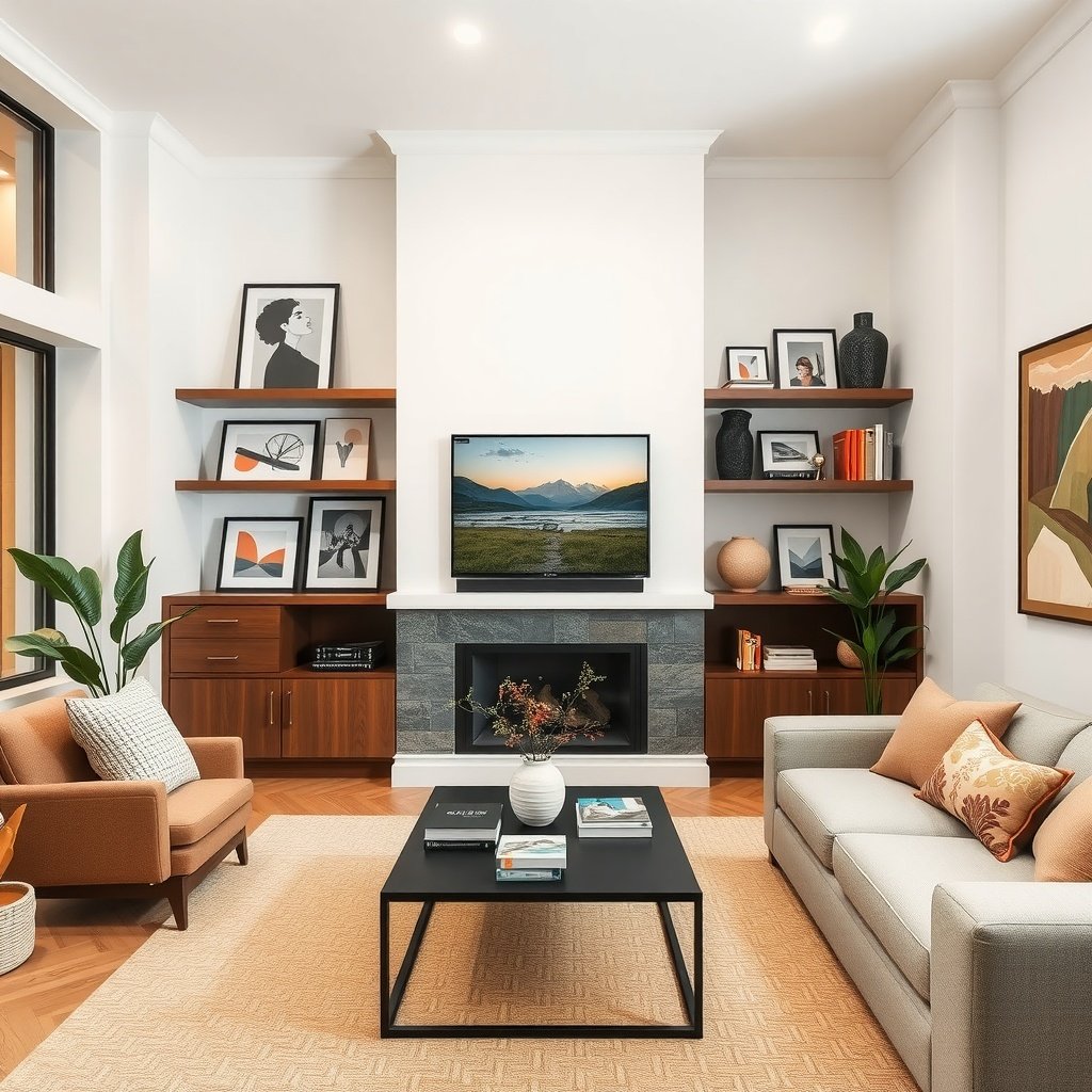 A cozy living room featuring integrated shelving with artwork and a television.
