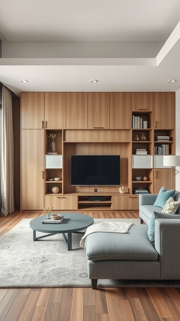 Contemporary living room showcasing integrated storage solutions with wooden cabinetry and stylish decor.