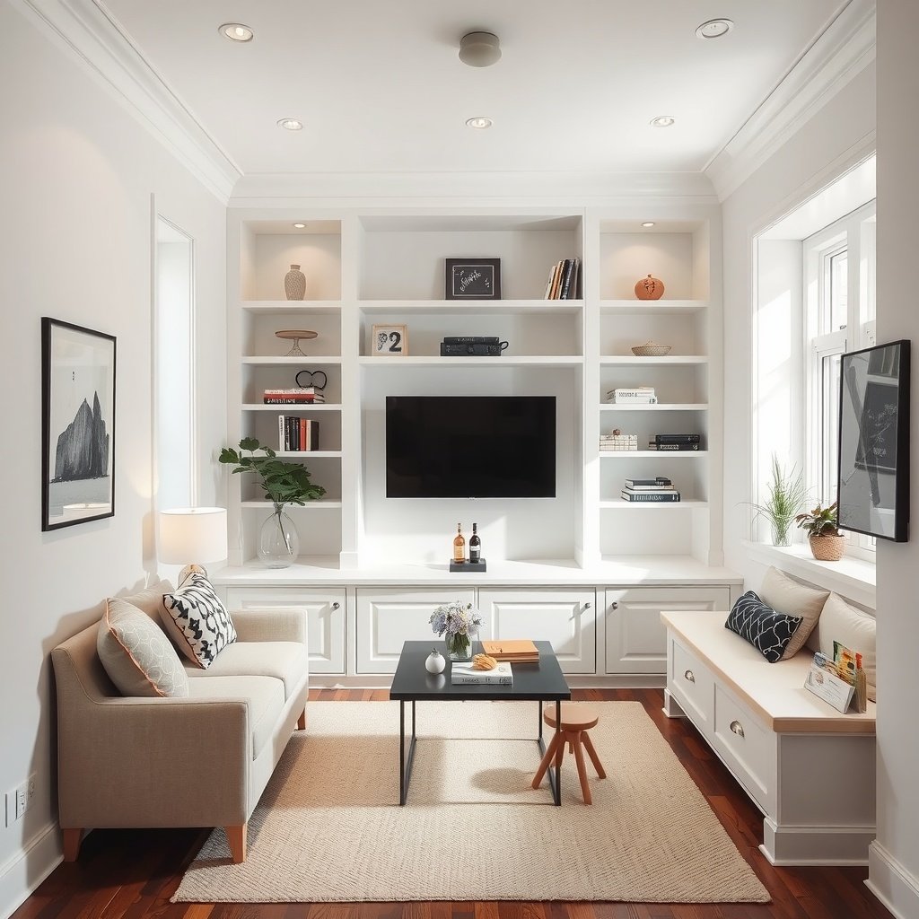 A small living room with built-in shelves, a TV, and a cozy seating area.