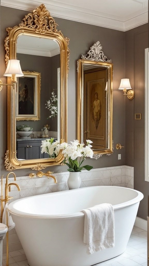 Elegant bathroom featuring a gold-framed mirror and gold fixtures.