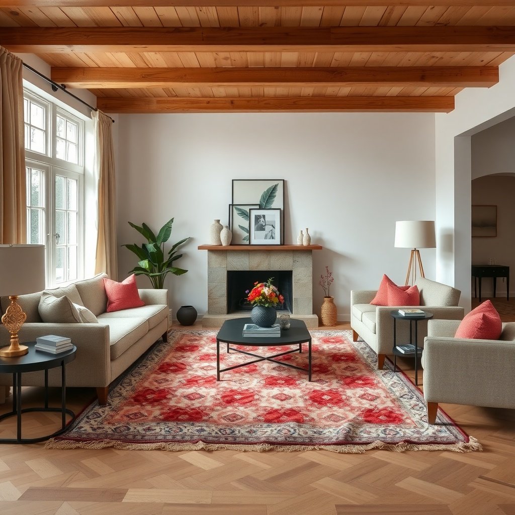 A cozy living room featuring plush rugs that integrate with the furniture layout.