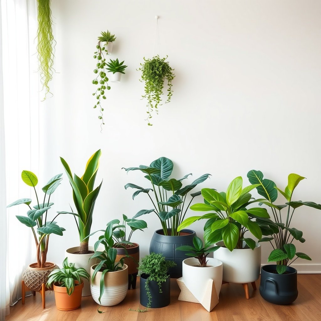 A collection of various indoor plants in stylish pots arranged in a bright living room.