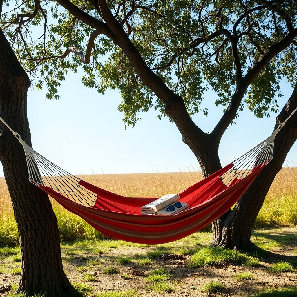 A red hammock hanging between two trees in a sunny outdoor setting with a book and sunglasses placed on it.