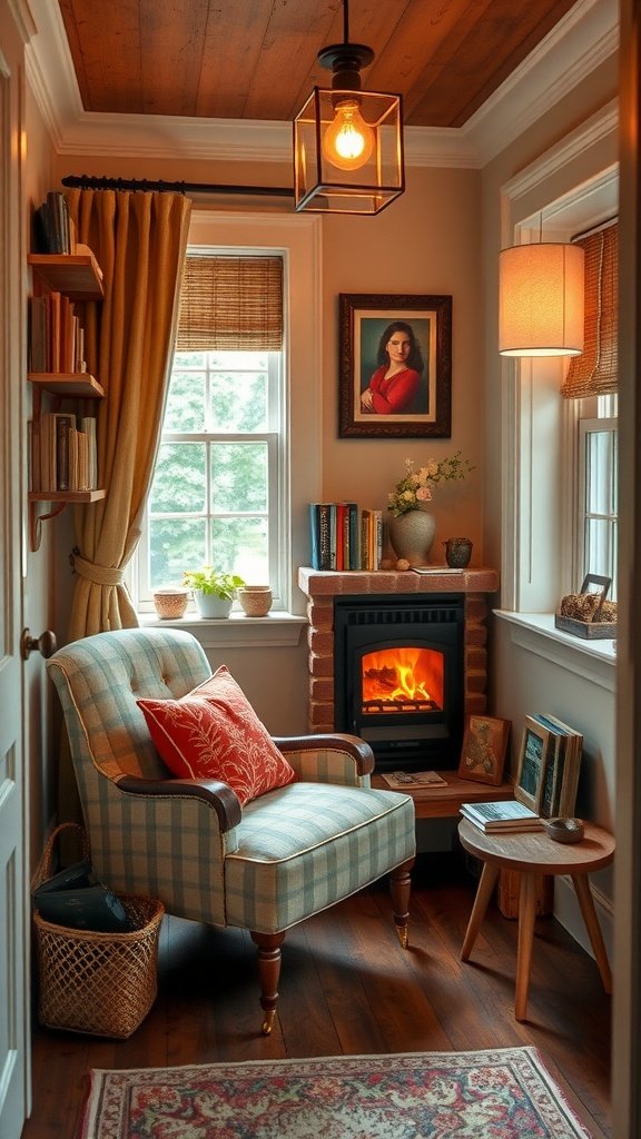 Cozy reading nook with a fireplace, plush chair, and a small side table.