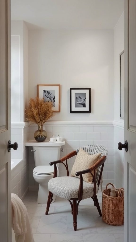 A cozy bathroom with a stylish chair, decorative plants, and framed artwork.