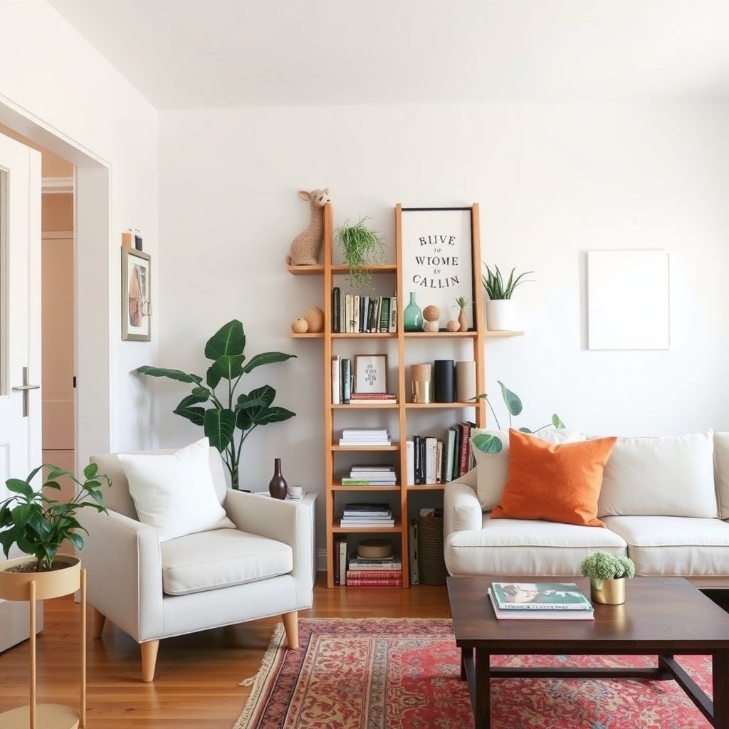 A stylish ladder shelf filled with books and decorative items in a cozy living room.