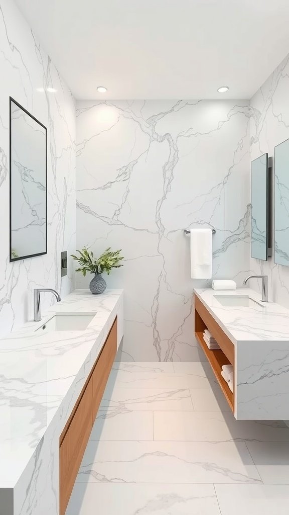 A modern bathroom featuring large format marble tiles on the walls and counter.