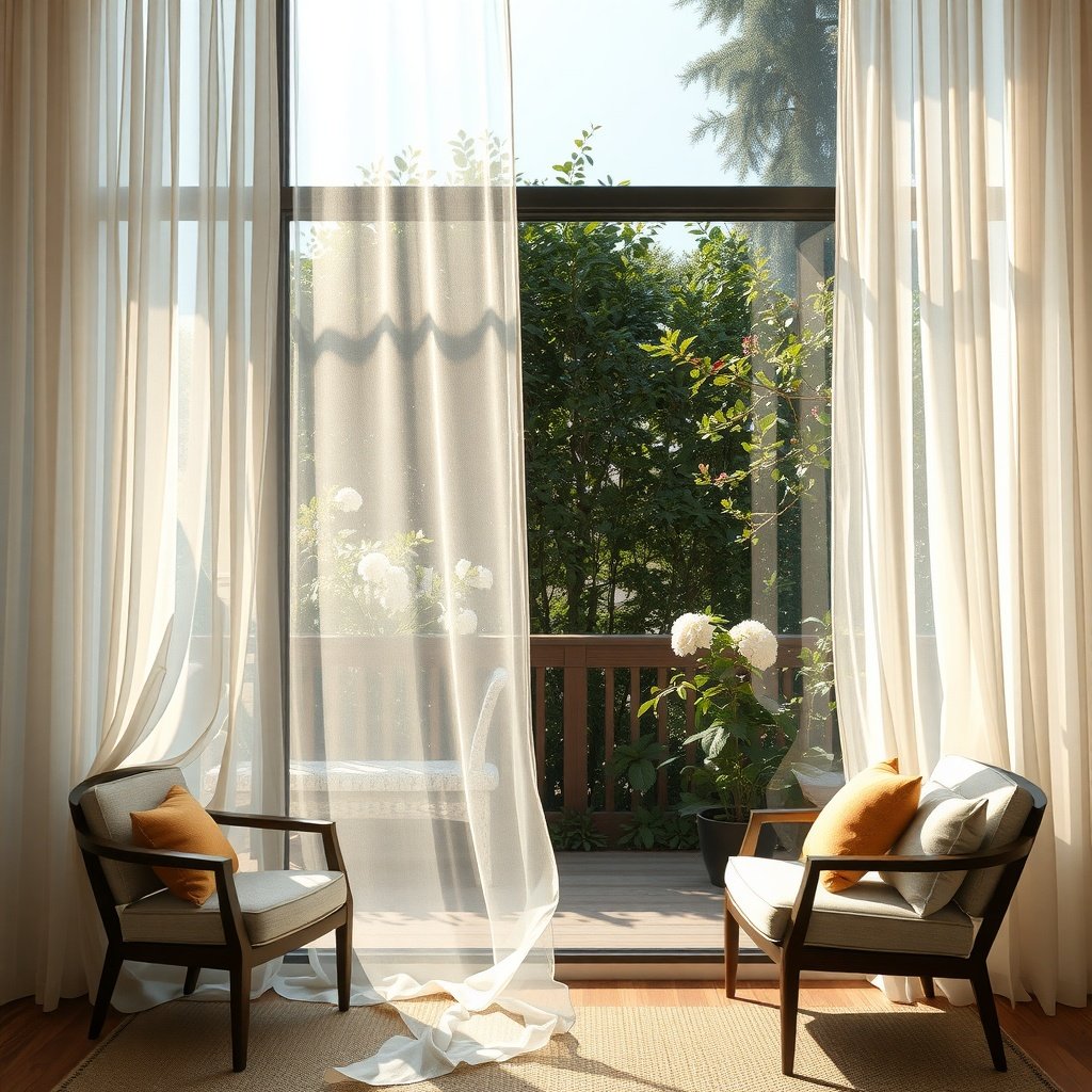 A bright living room with sheer curtains and cozy chairs, creating a breezy and inviting feel.